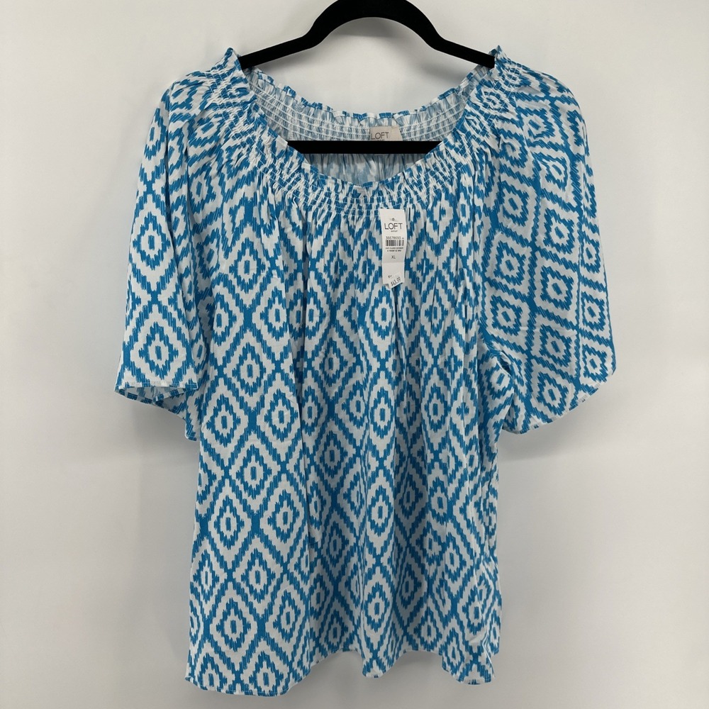 Ann Taylor Loft Smocked Off The Shoulder  Short Sleeve Blouse sz XL White & Teal